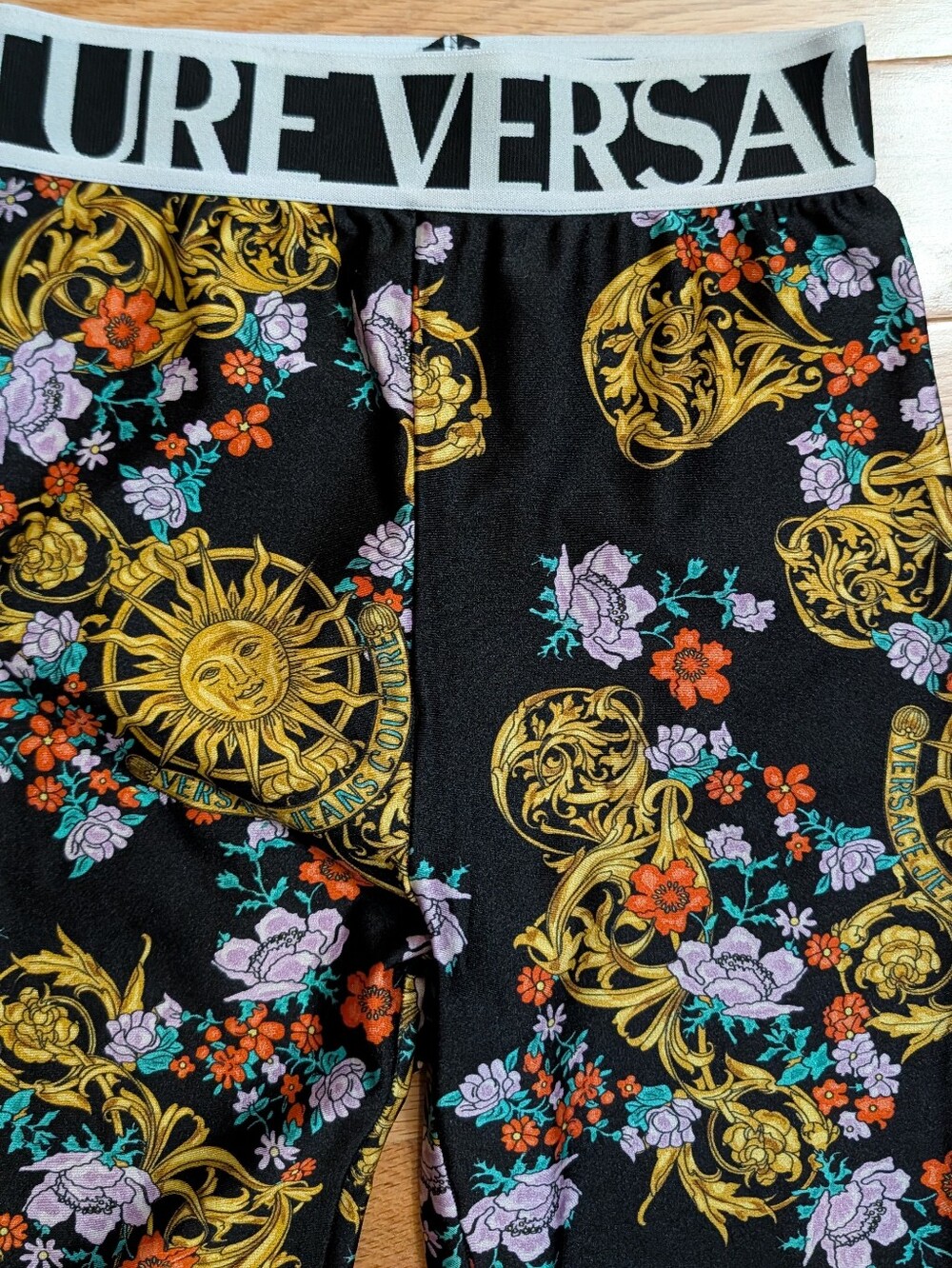 Baroque Floral Leggings Black Gold Stretch Pants Designer Inspired EUC